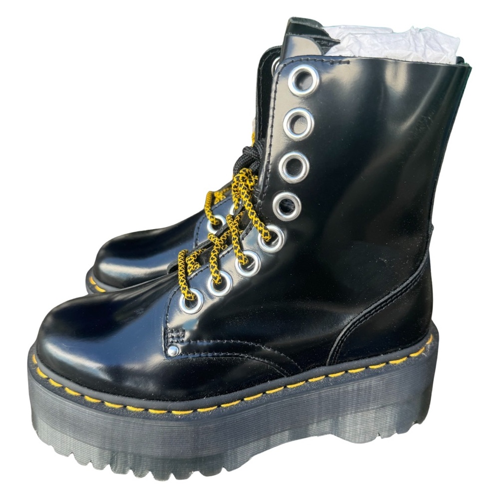 Dr. Martens Black Patent Platform Combat Boots with Yellow Stitching Women 6